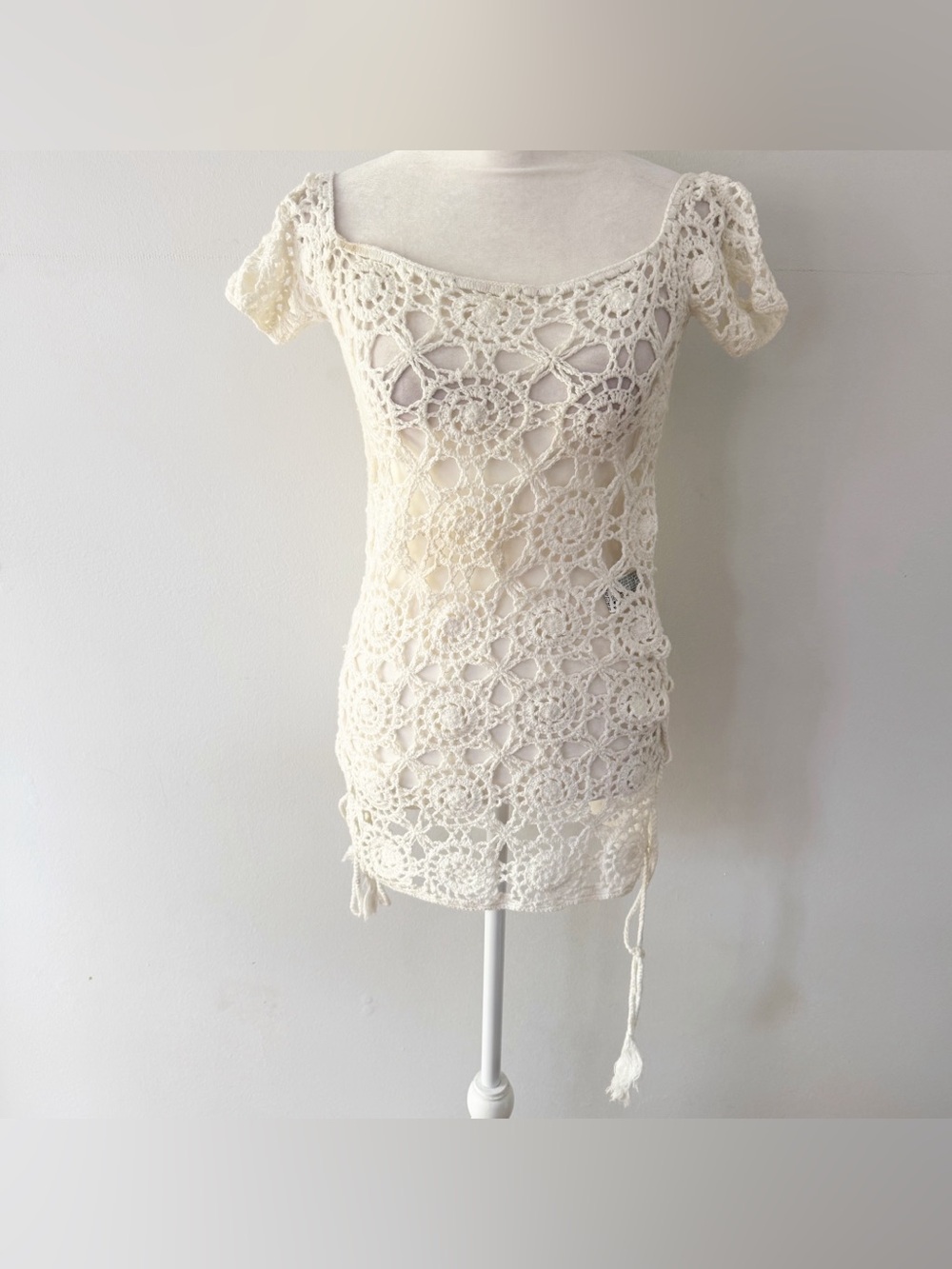 Forever 21 Women Crochet Lace Up Mini Dress Small Festival Boho Beach Hippie Y2K
